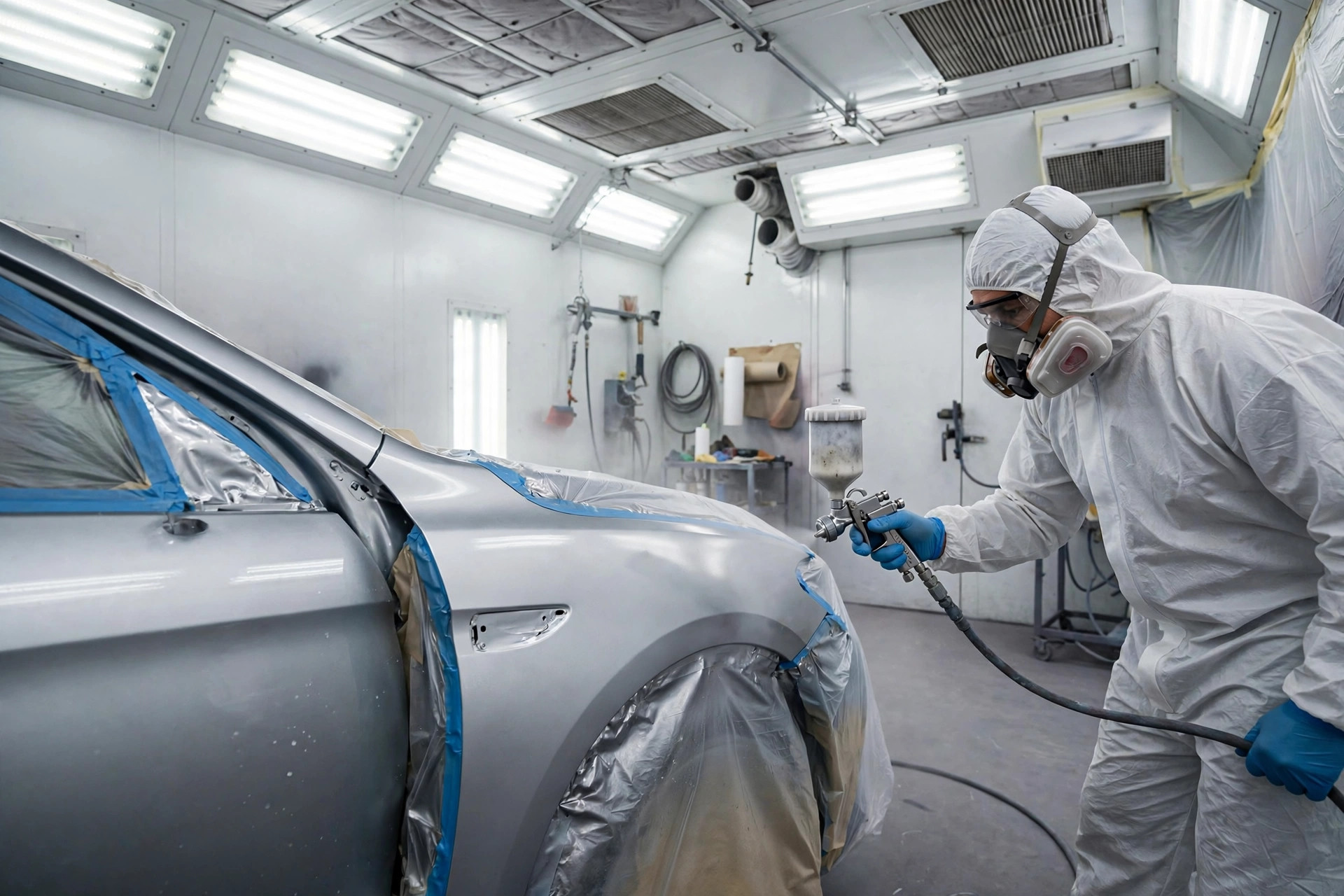 Car in a professional auto body shop paint booth