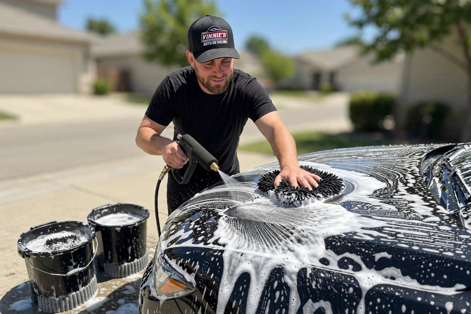 Vinnie hand-washing a car with foam cannon and two-bucket method