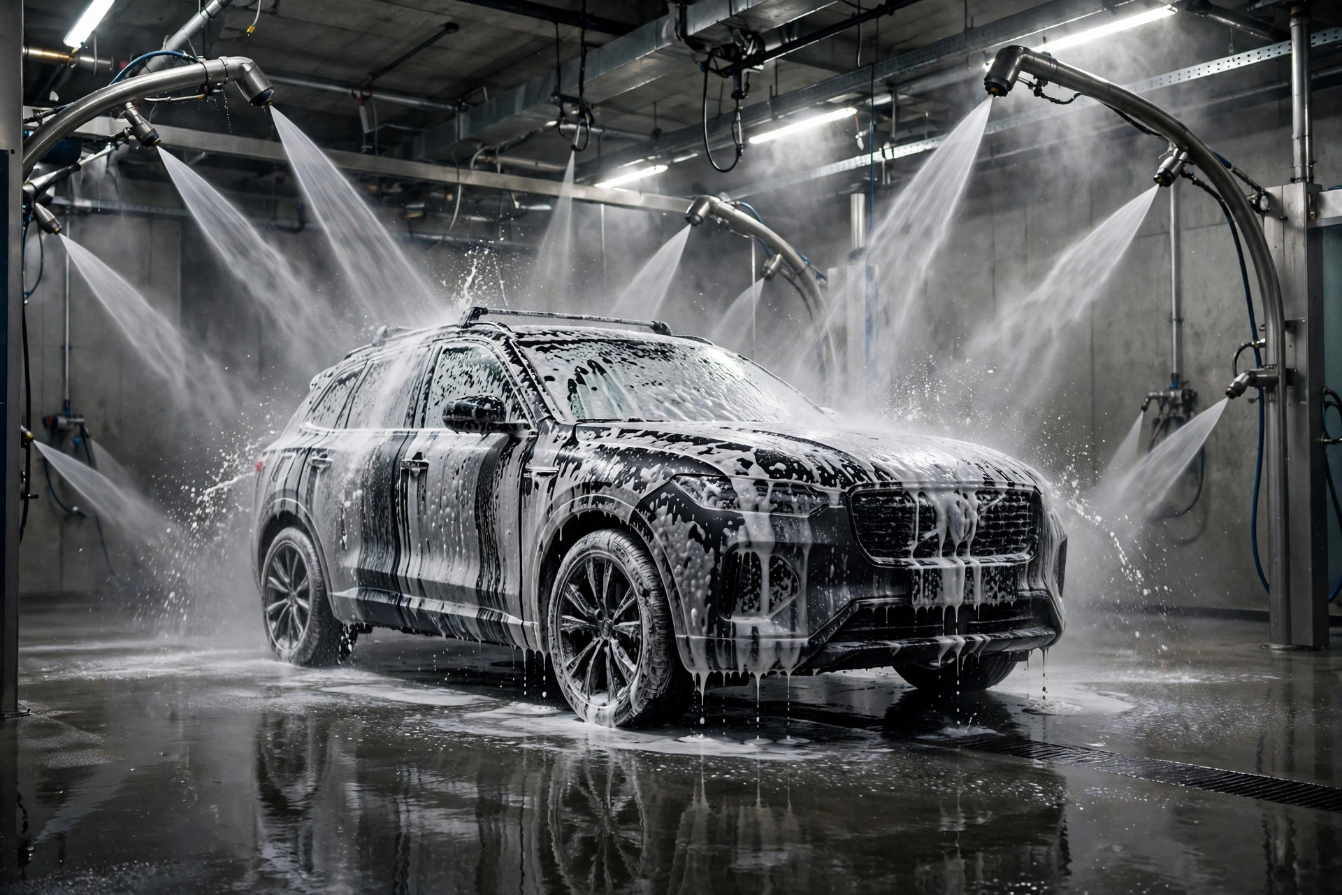 Car inside a touchless automatic car wash with high-pressure spray arches