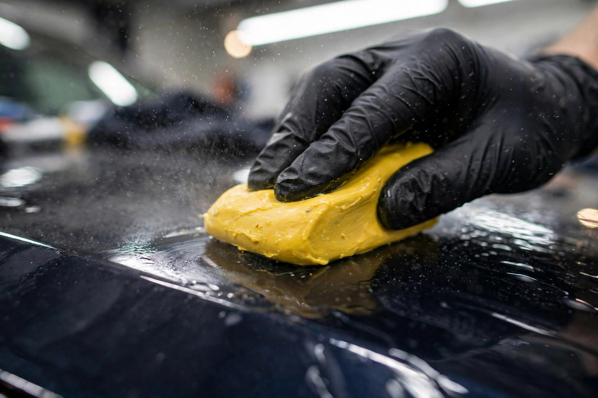 Detailer gliding a yellow clay bar across lubricated dark paint