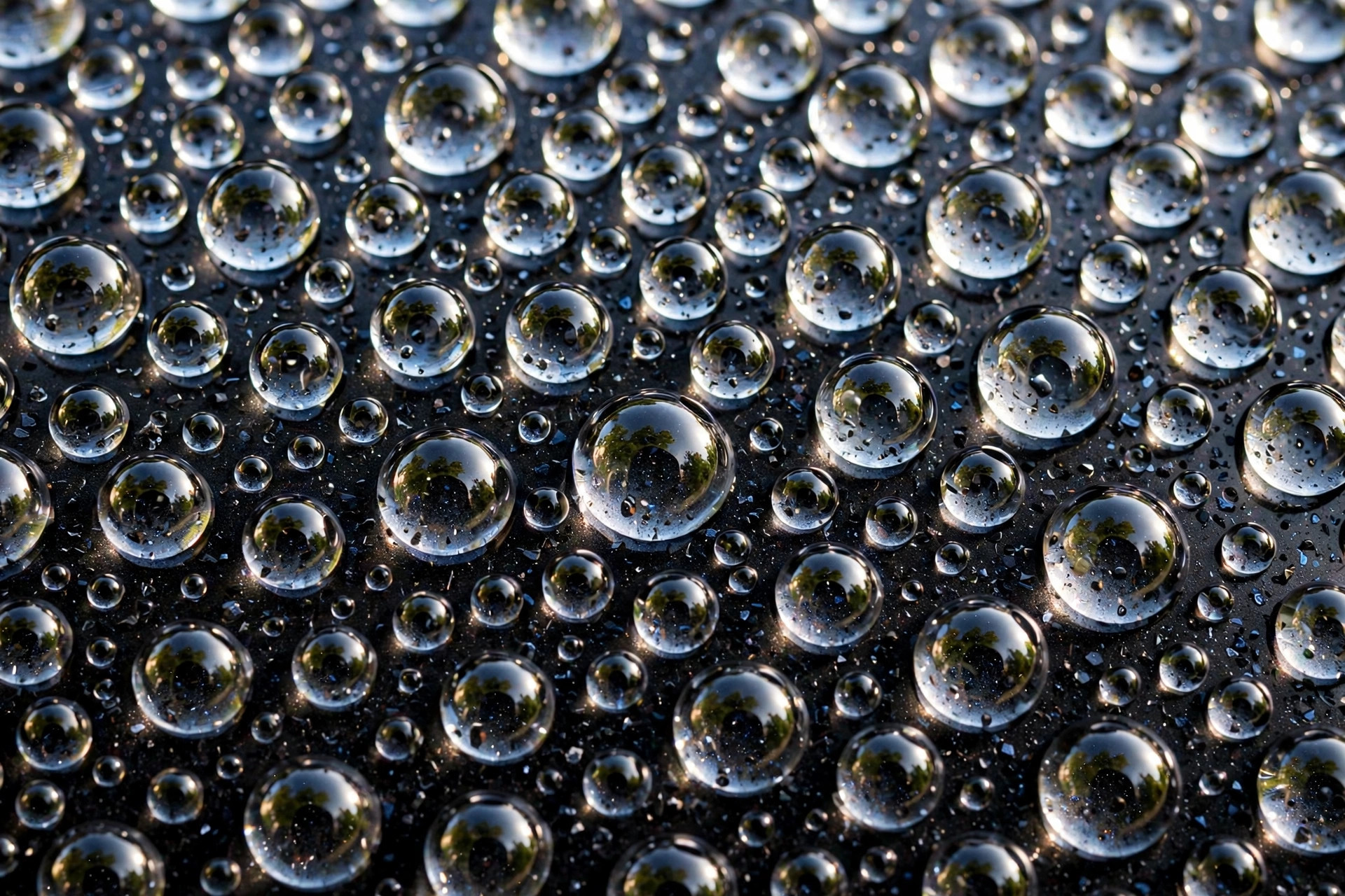 Tight water beads on ceramic-coated dark paint, hydrophobic effect