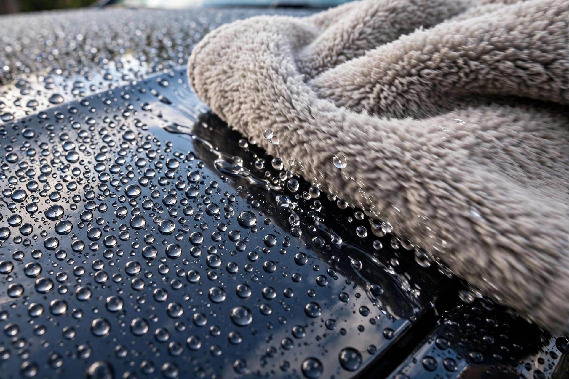 Microfiber towel drying water beads on coated paint