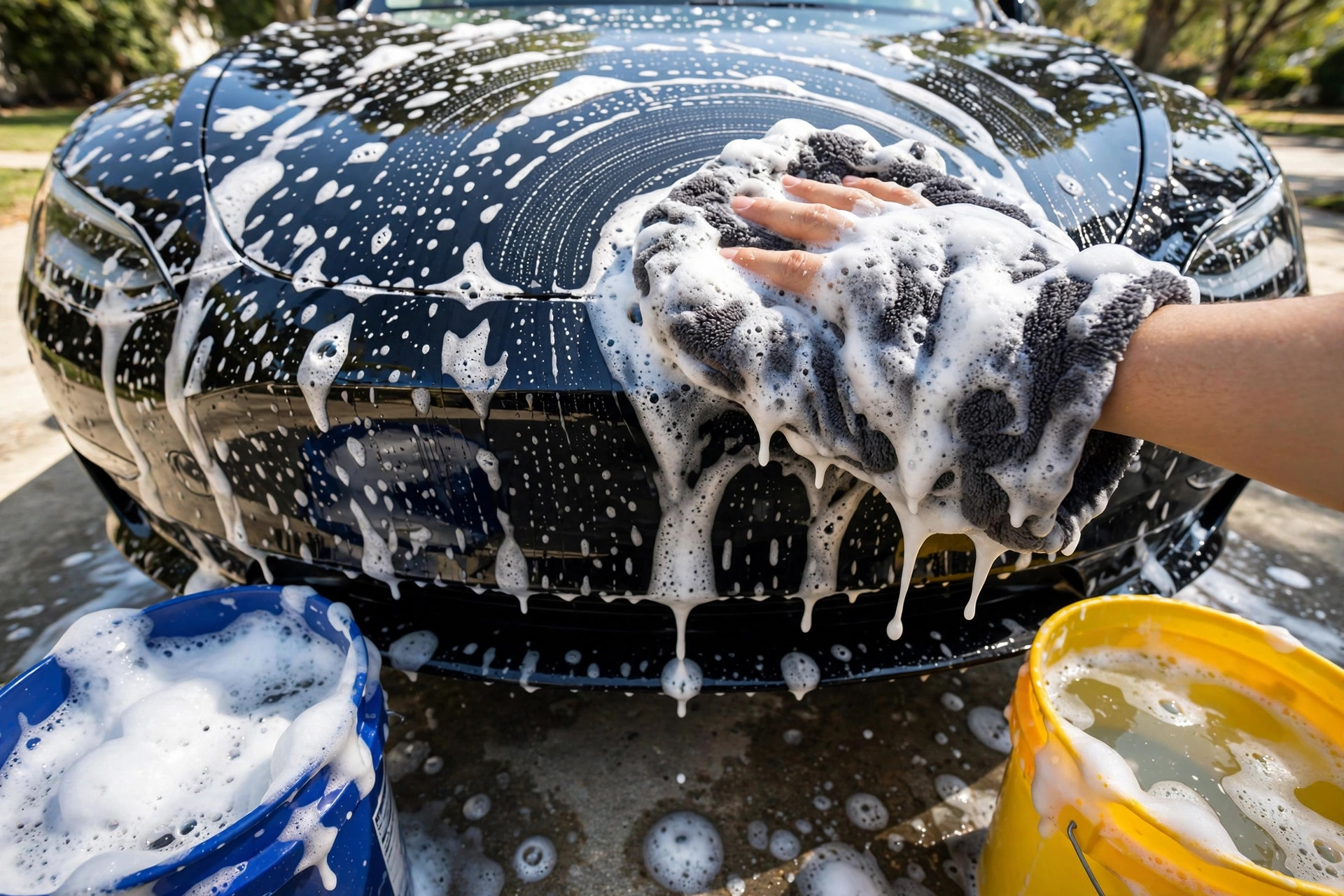 Two-bucket hand wash with foam on a coated car