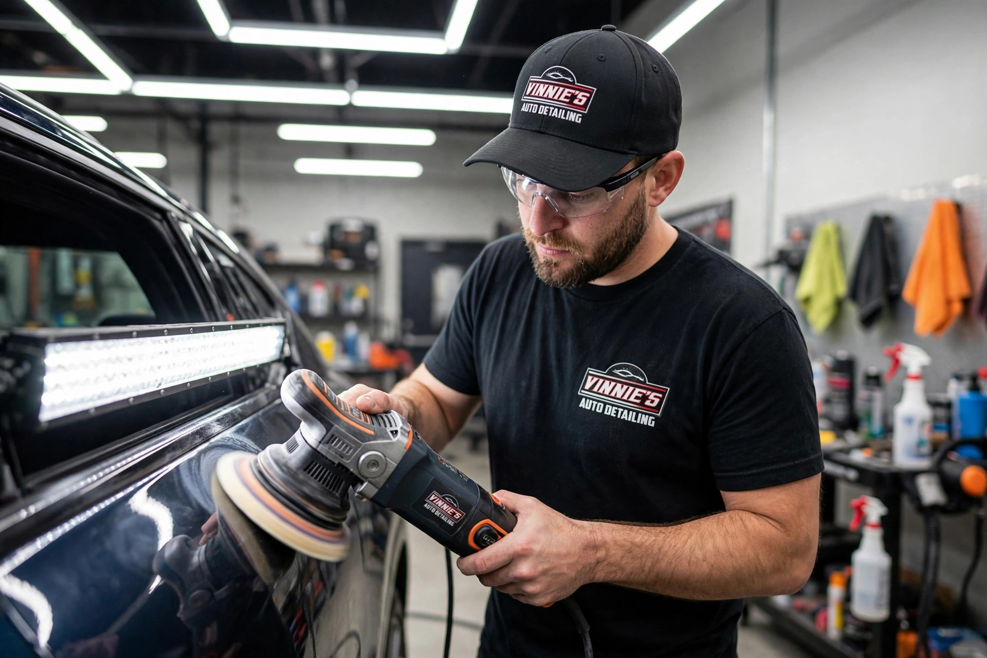Professional detailer machine-polishing a car door during paint correction