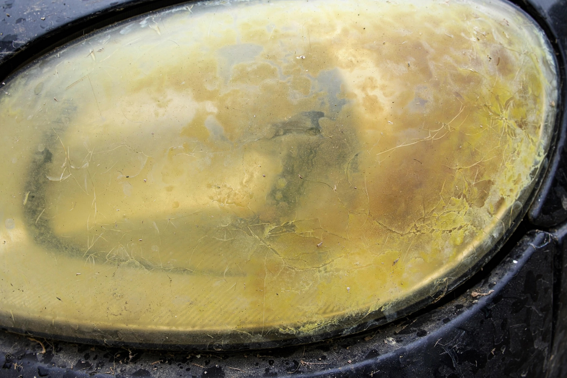 Badly oxidized yellowed foggy car headlight lens with UV damage