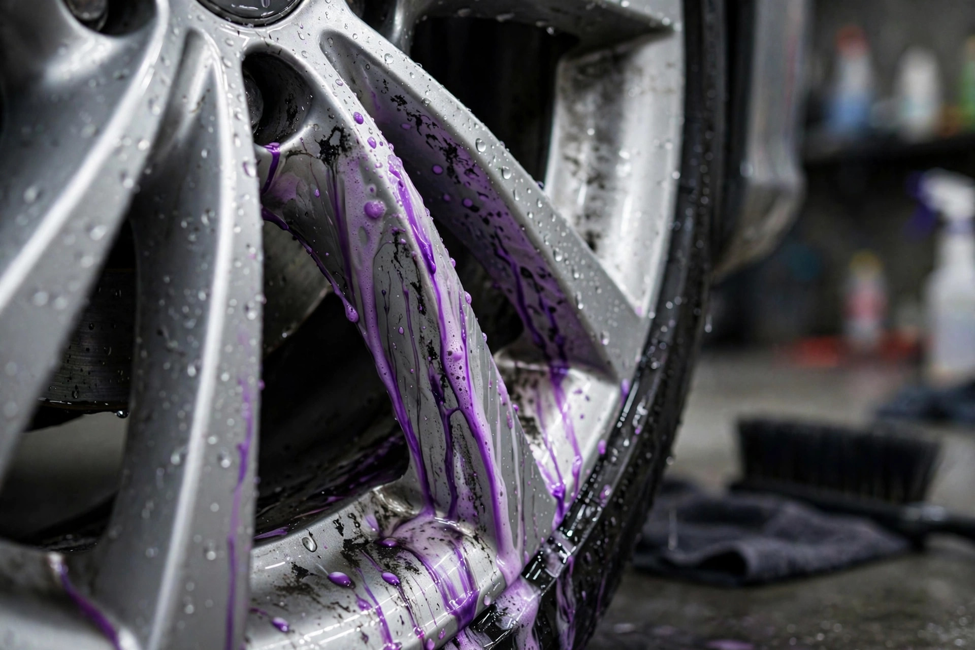 Iron remover reacting with embedded brake dust on a wheel, purple bleeding