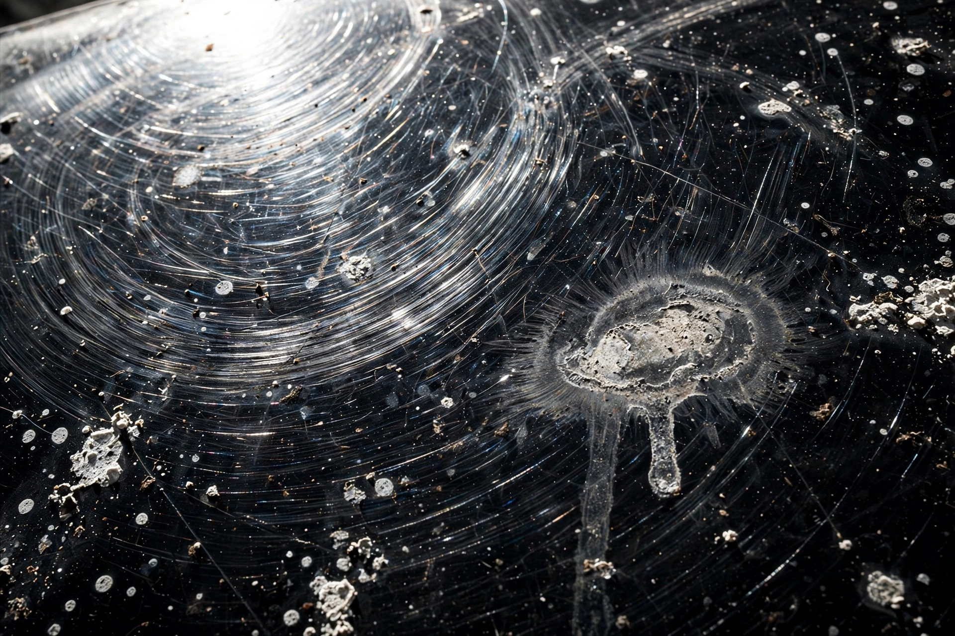 Swirled, water-spotted black paint with an etched bird-dropping mark under inspection light