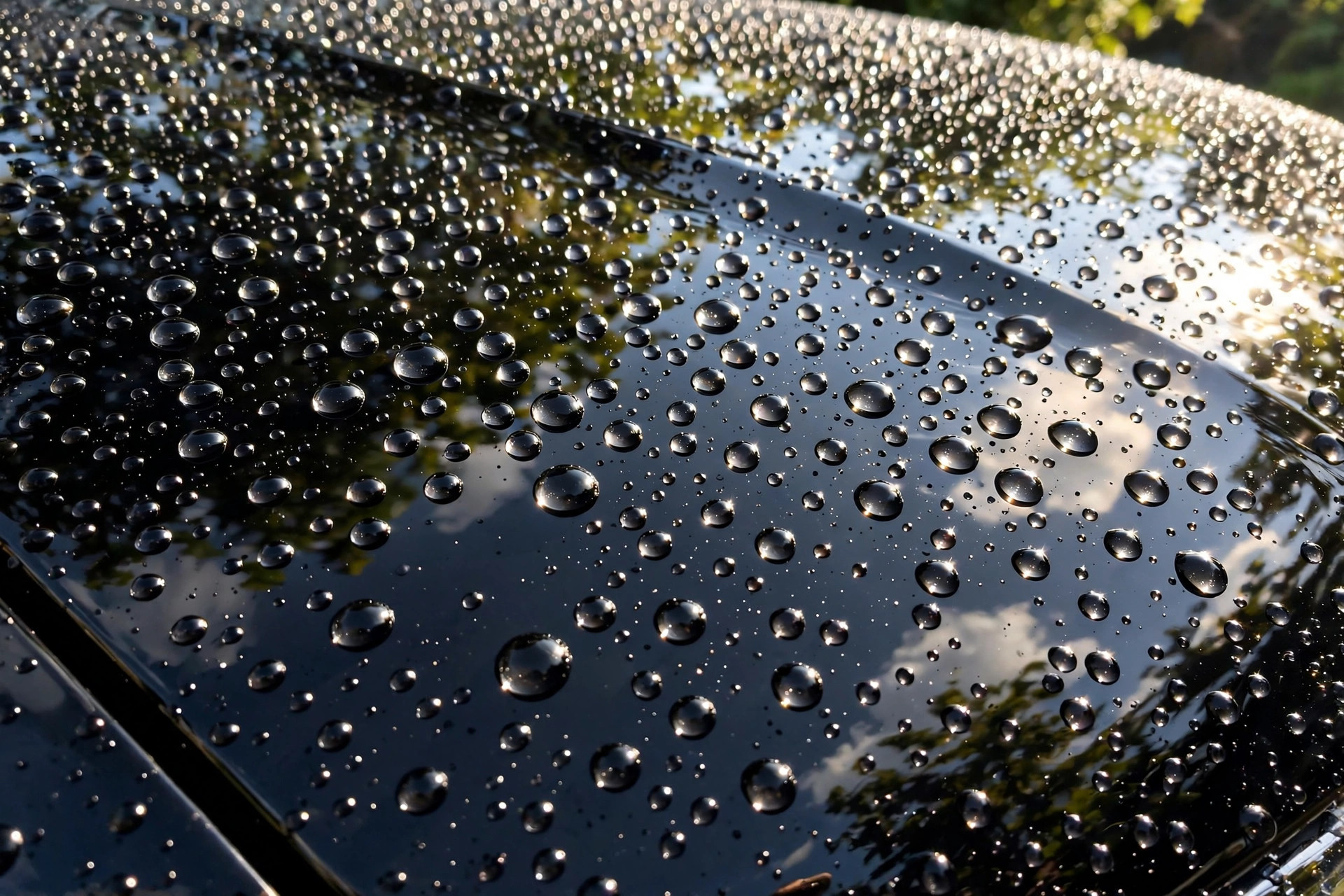 Glossy black paint with tight water beading from a fresh ceramic coating