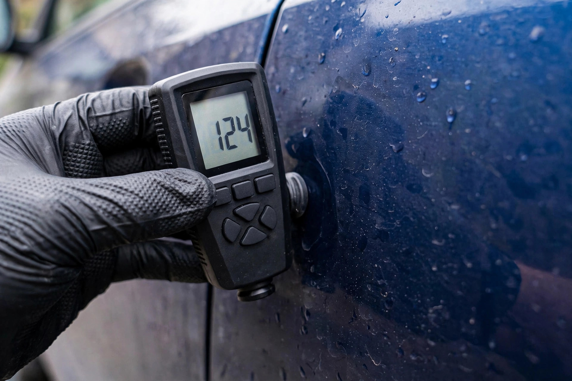 Paint thickness gauge pressed against a car door panel in a gloved hand