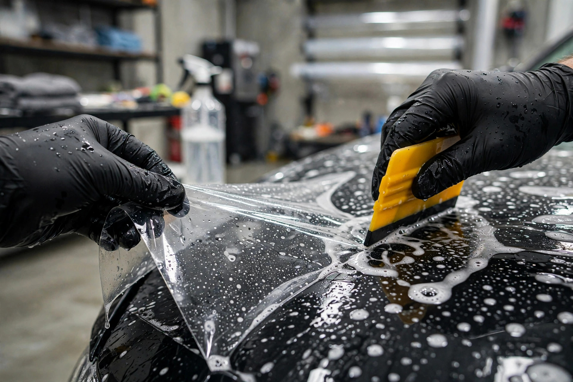 Installer applying clear paint protection film to a car hood
