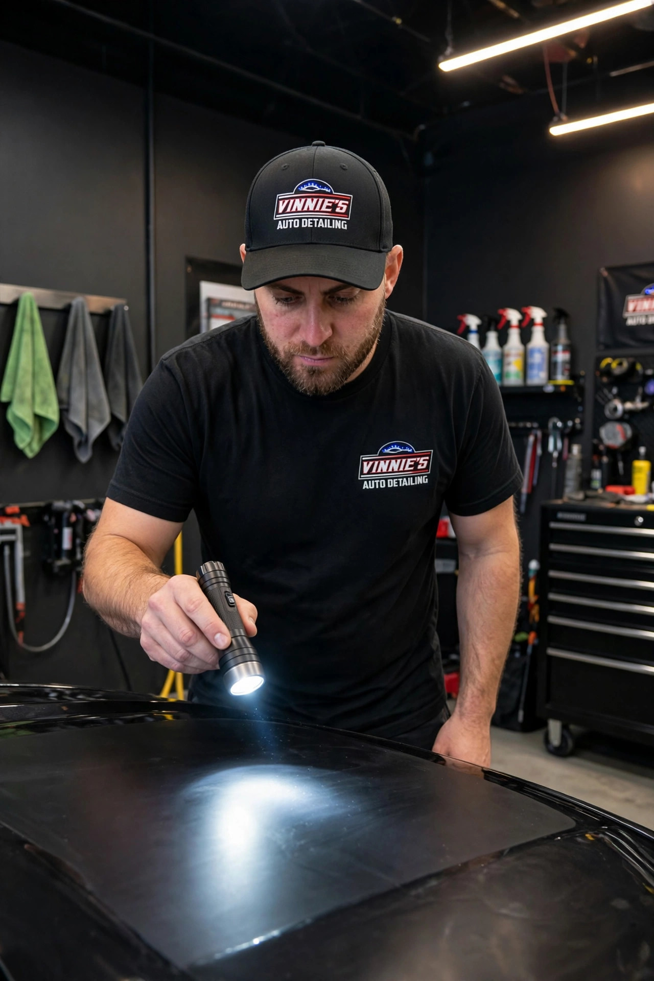 Professional detailer inspecting car paint with an LED inspection light