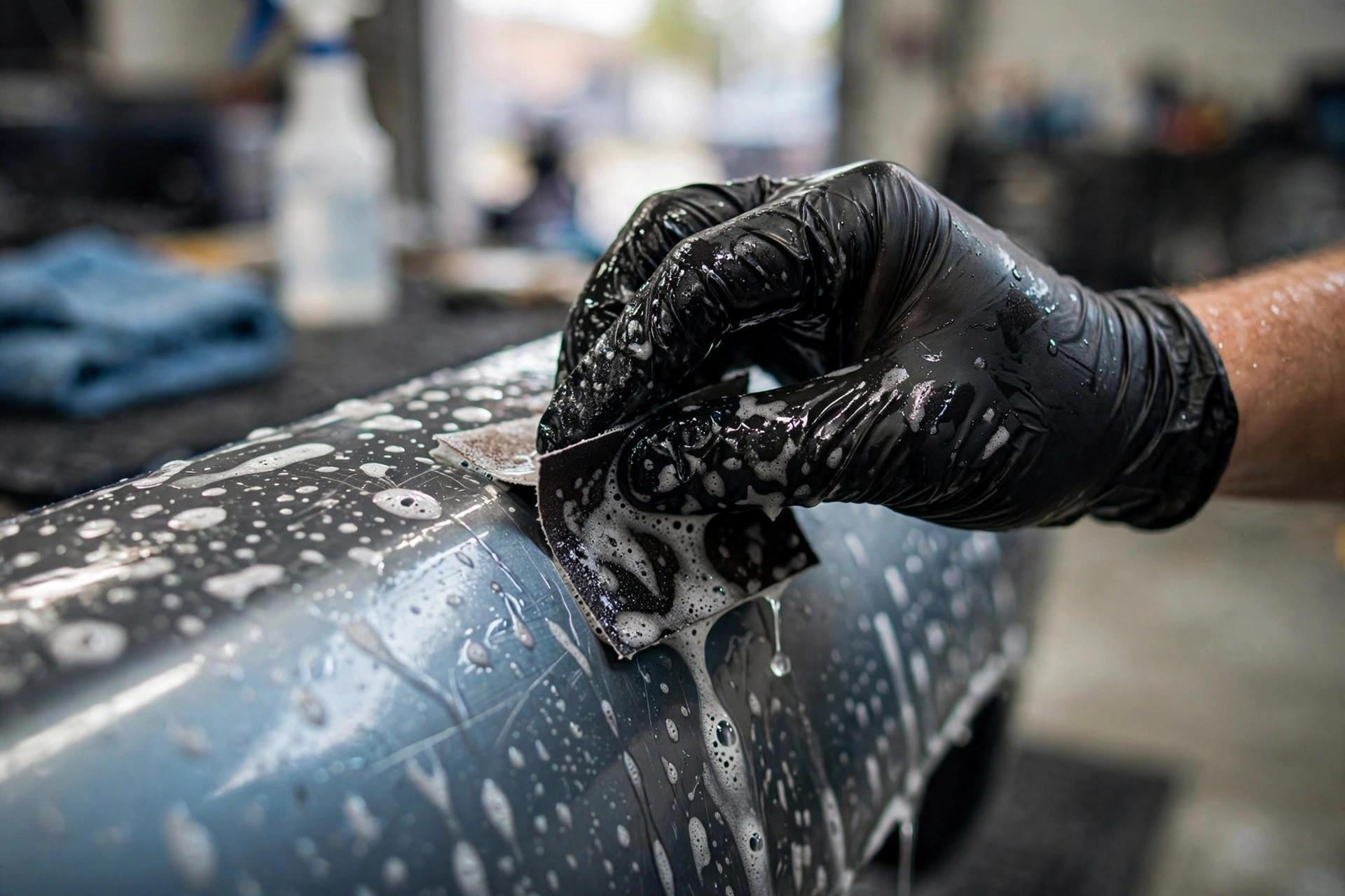 Gloved hand wet-sanding a car panel with fine sandpaper and water