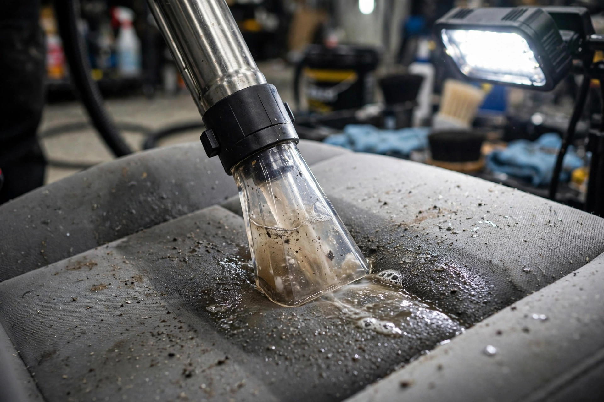 Hot-water extraction machine cleaning a fabric car seat