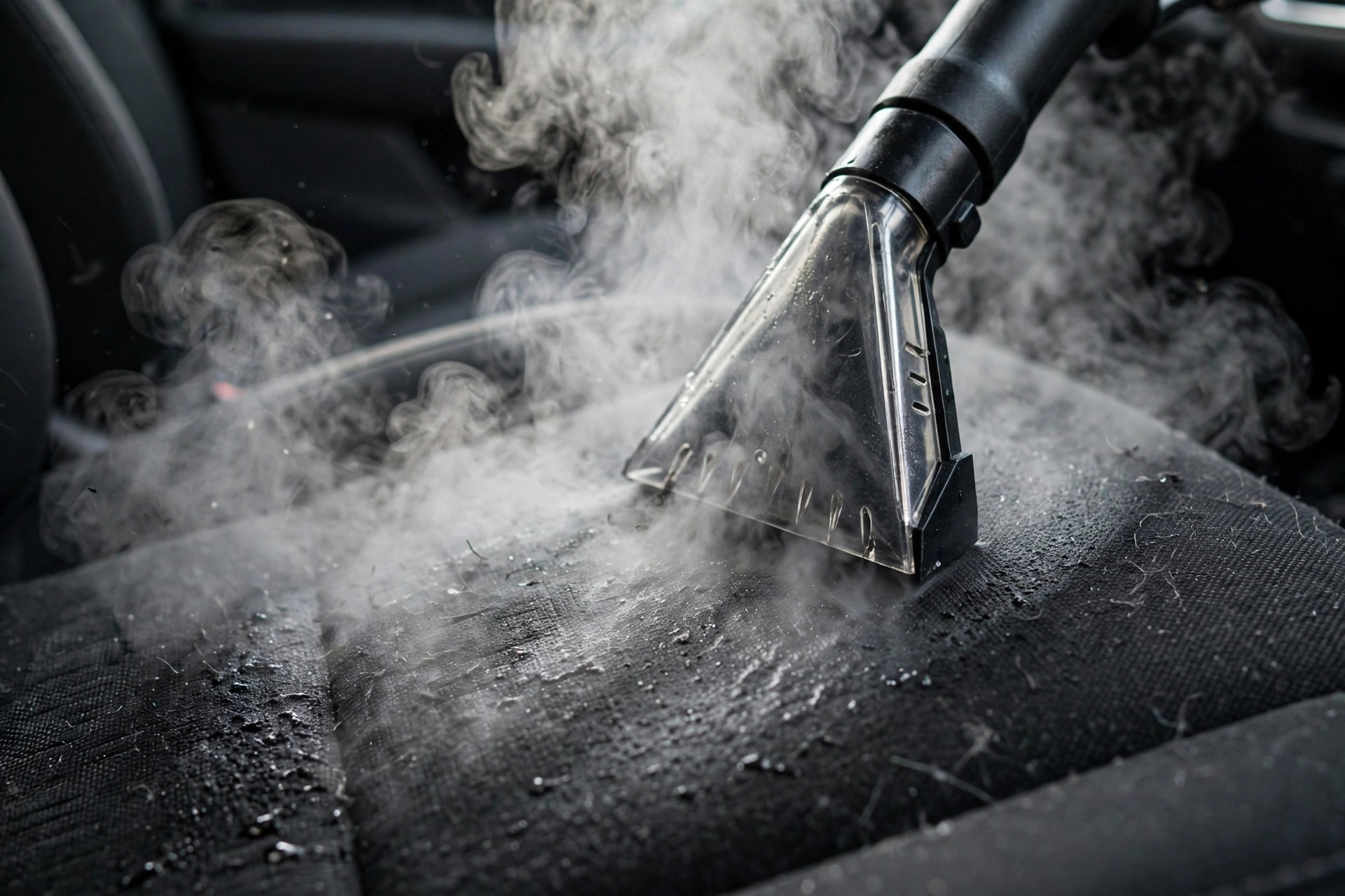 Steam deep-cleaning a car seat cushion for odor removal