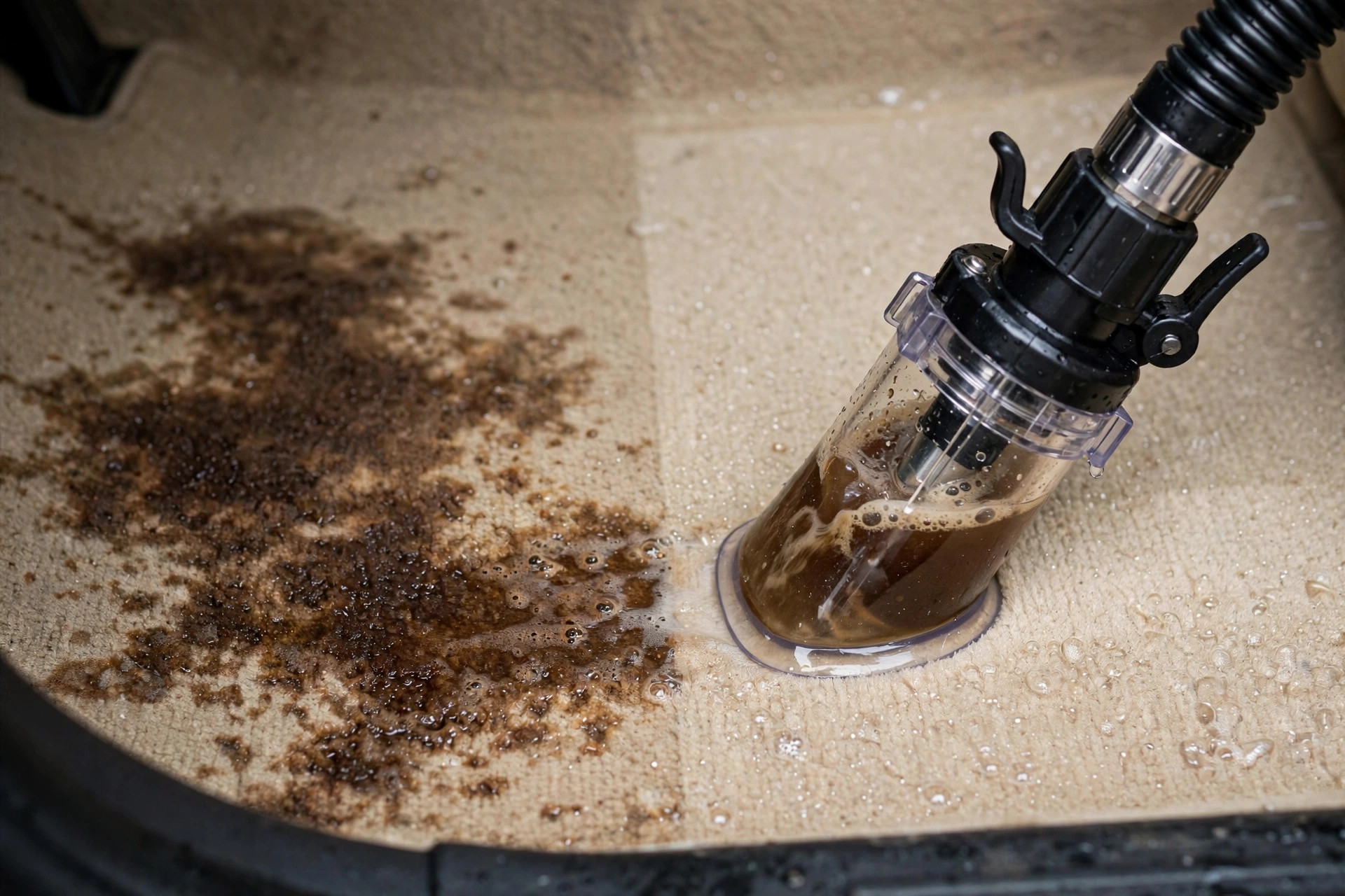Extraction wand pulling a stain out of car carpet