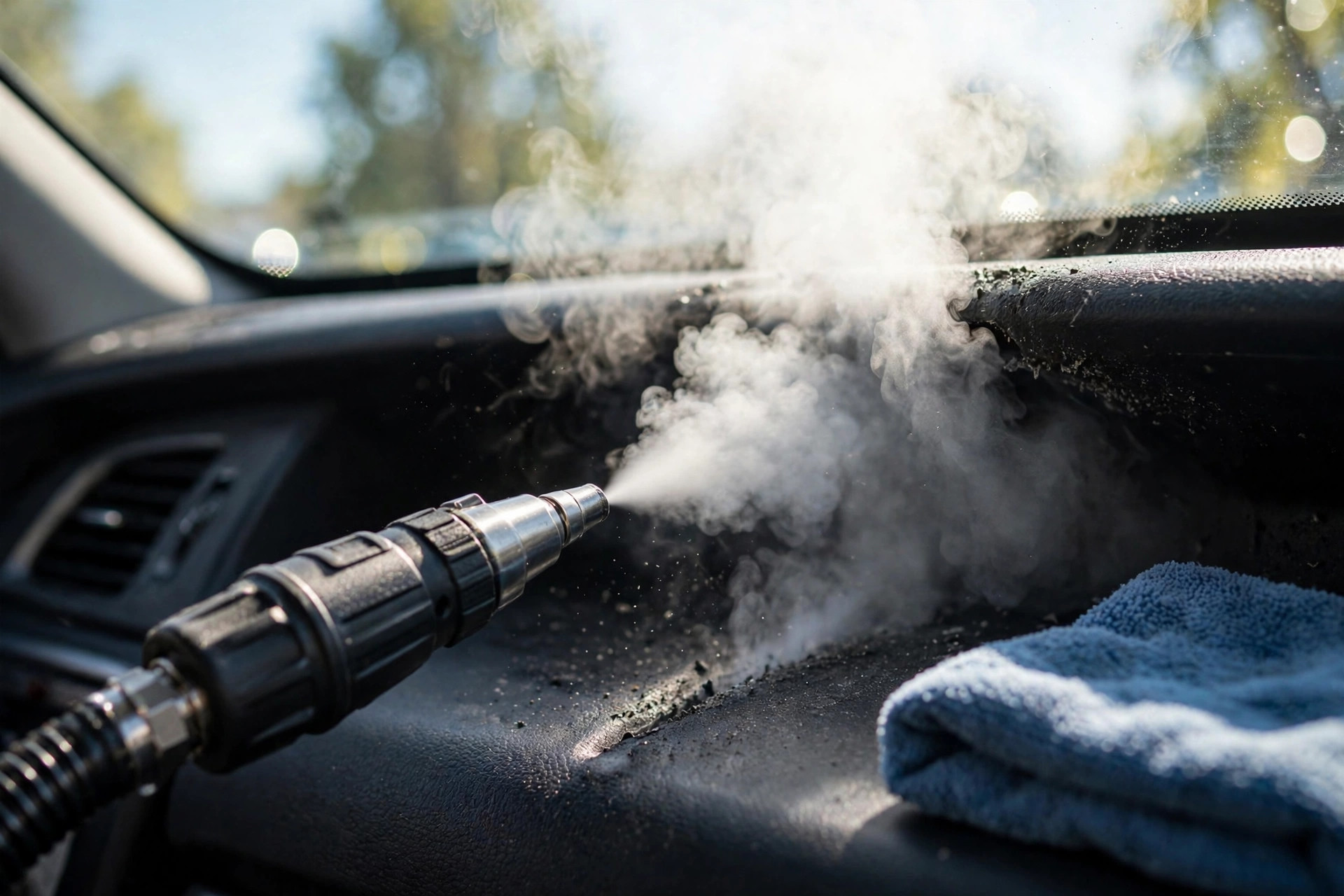 Steam cleaner nozzle steaming a car dashboard crevice