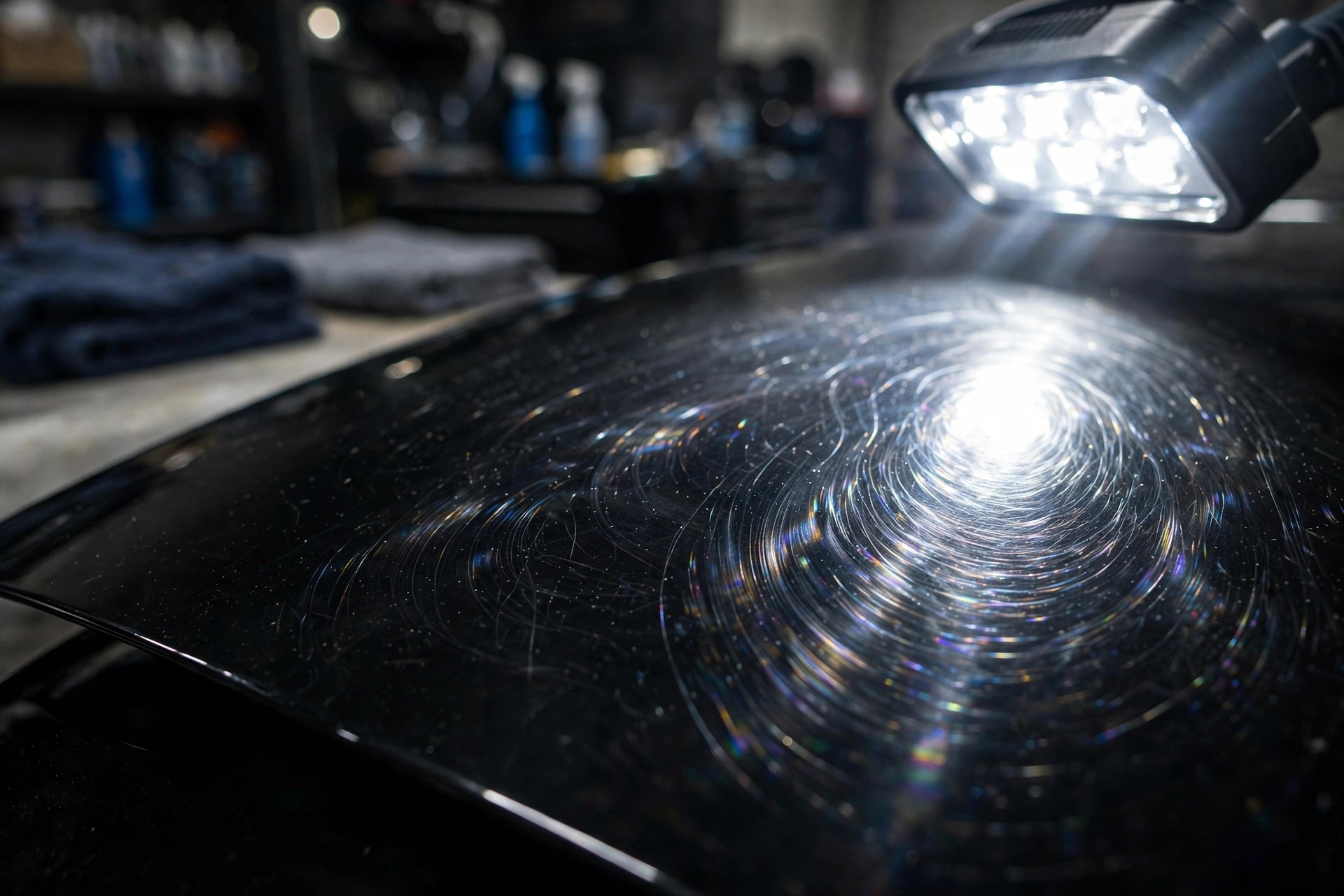 Swirl marks and haze in black clear coat under an inspection light