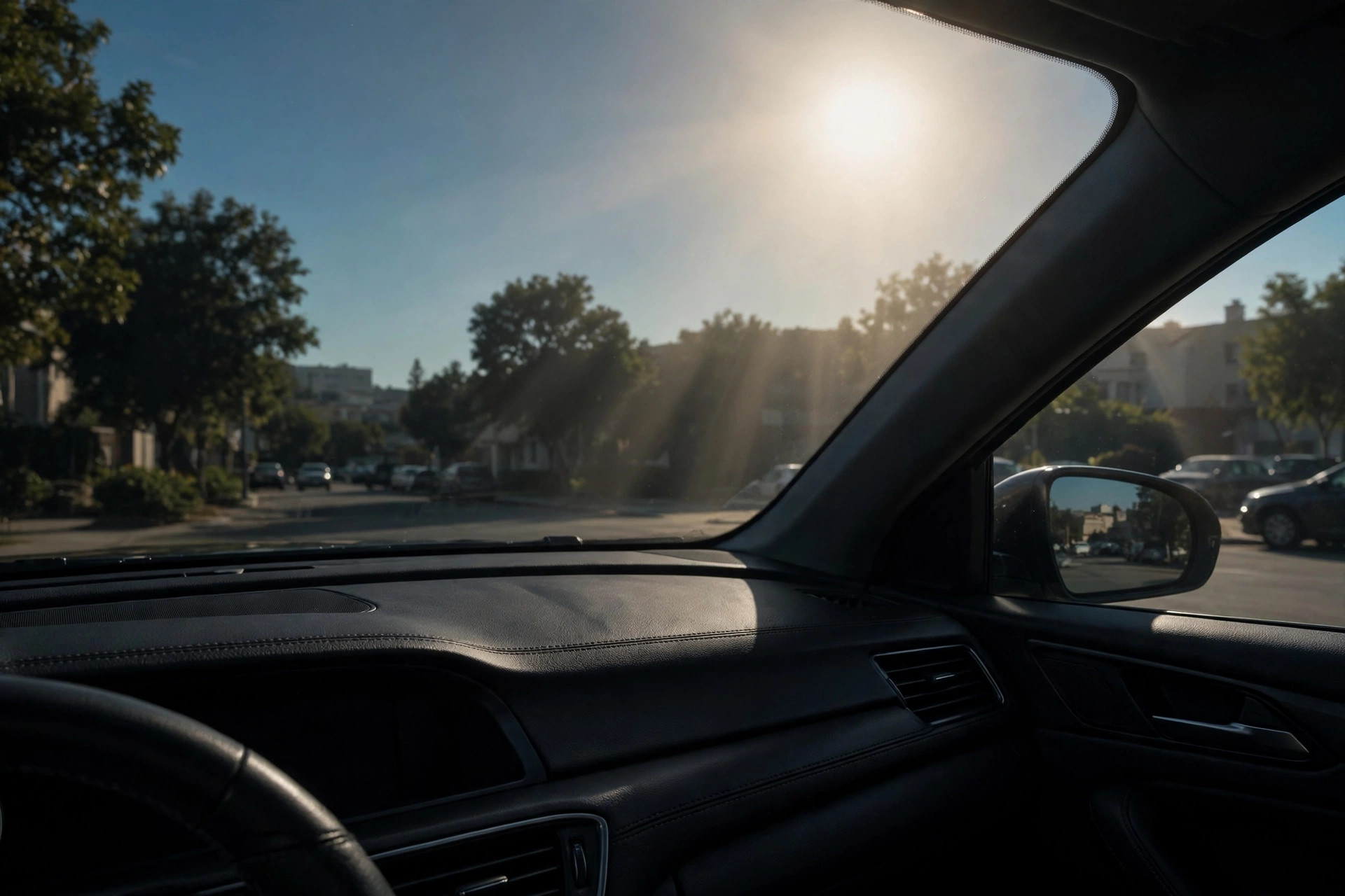 View from inside a car through tinted windows