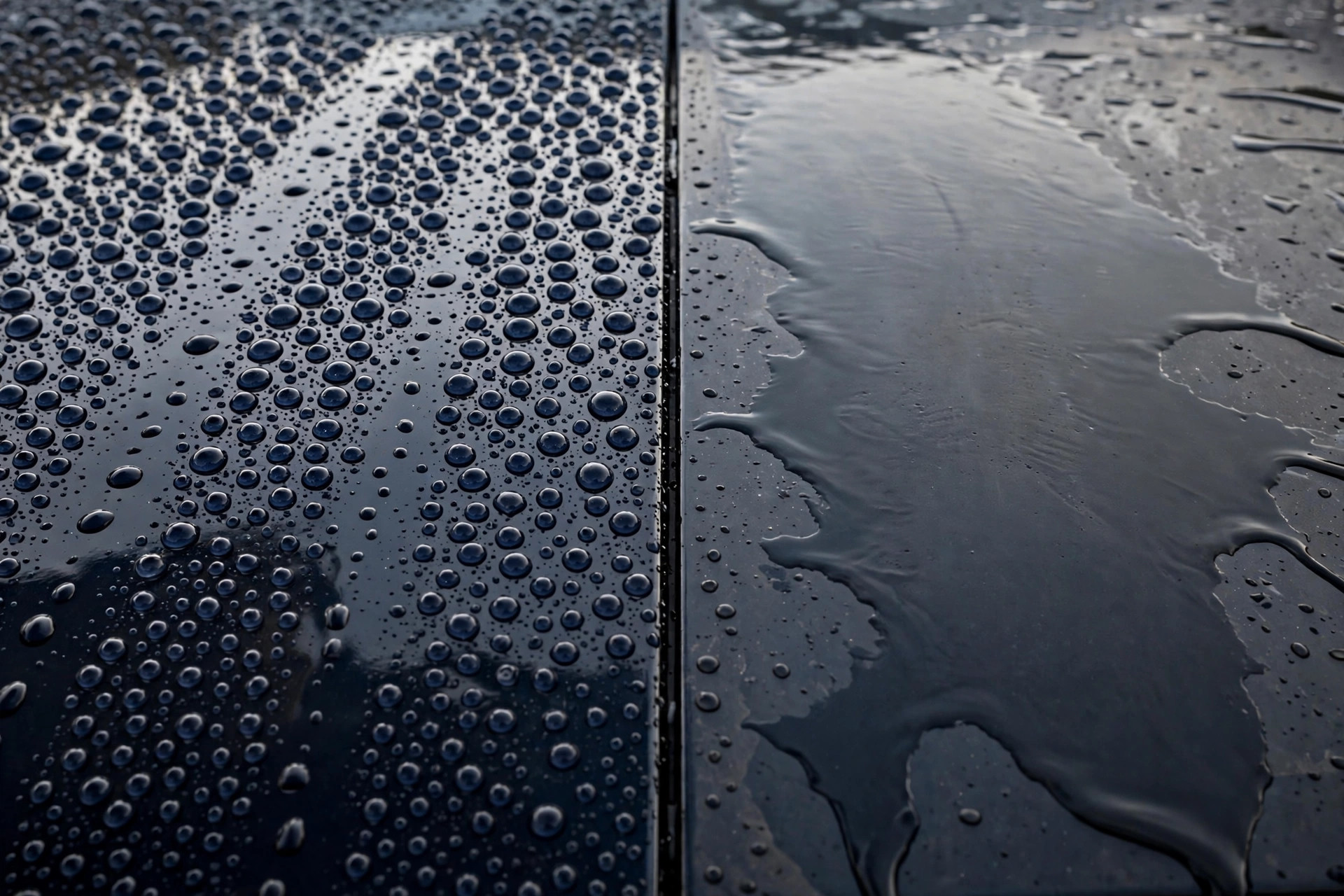 Car hood split view: water beading on ceramic coating versus flat water on old wax