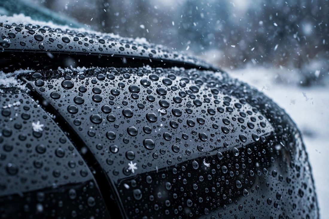 Water beading on coated black paint during snowfall