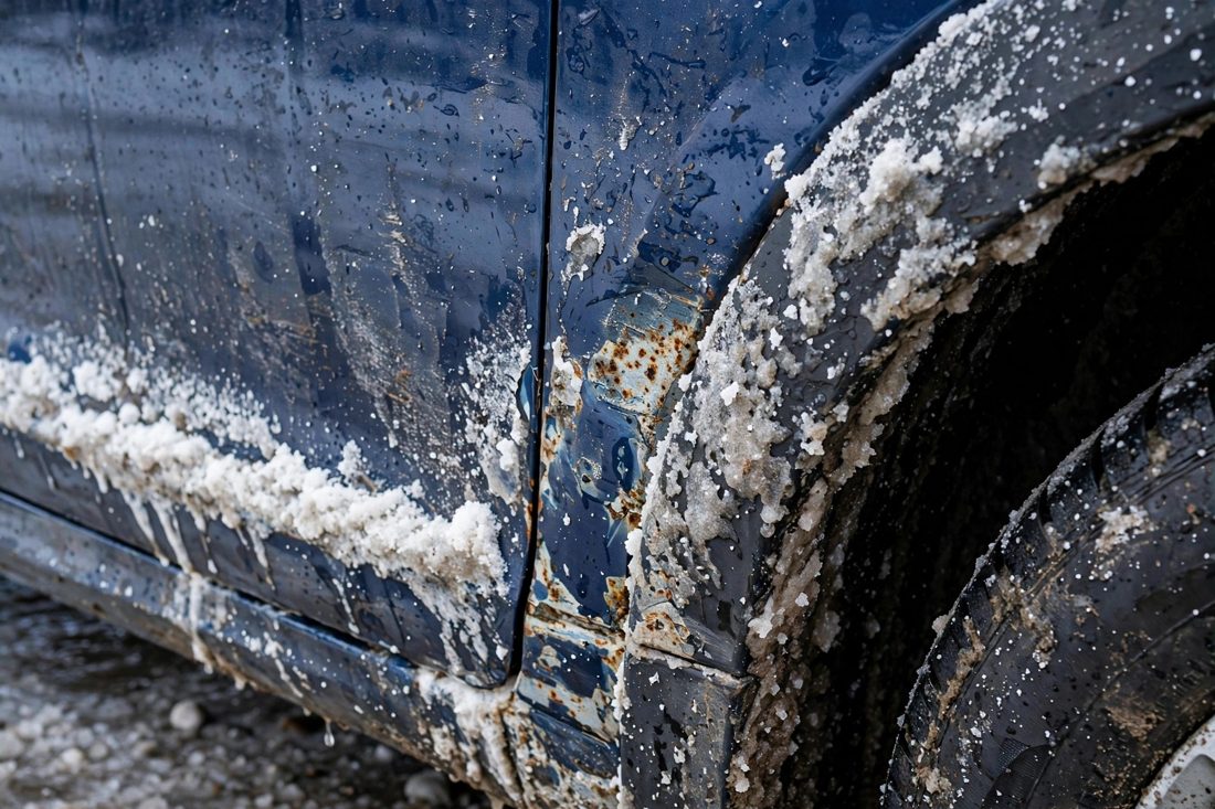 Car lower panels and wheels caked in white winter road salt