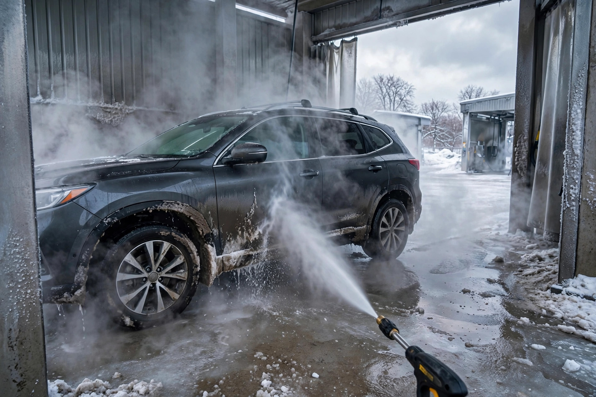 Car being pressure-washed in a winter wash bay with underbody spray